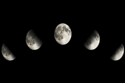 Phases of the moon arcing across the sky; full moon in the middle
